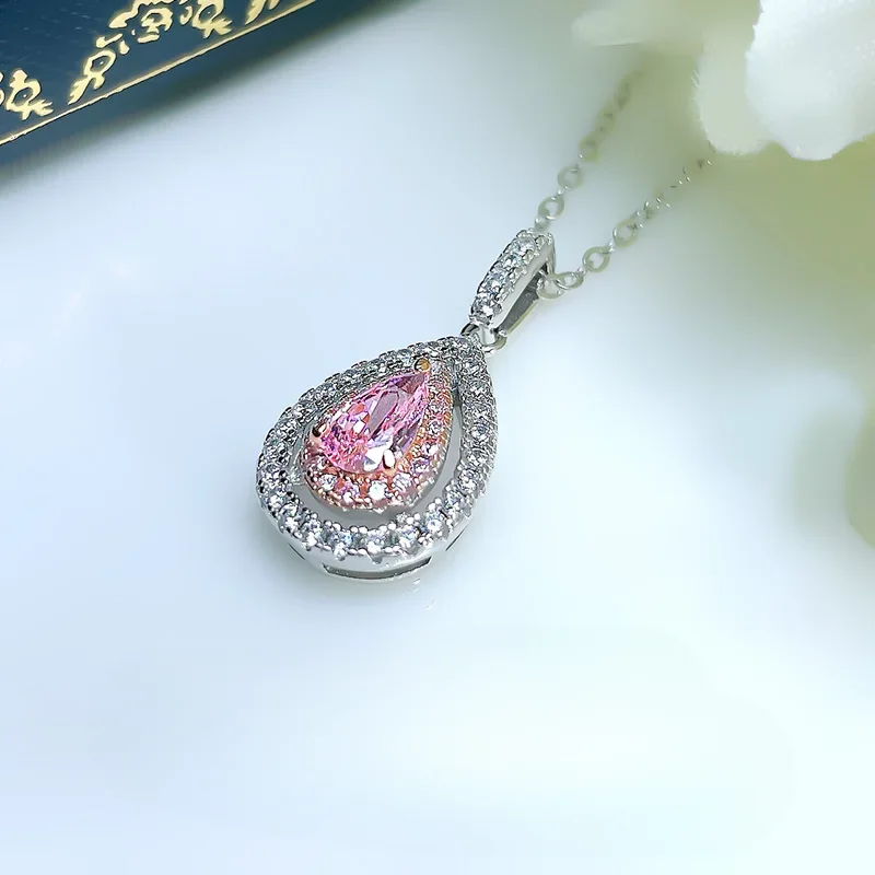 New Fashion Pear shaped Droplet Cherry Blossom Powder Pendant Temperament Powder Diamond Imported High Carbon Diamond Wedding