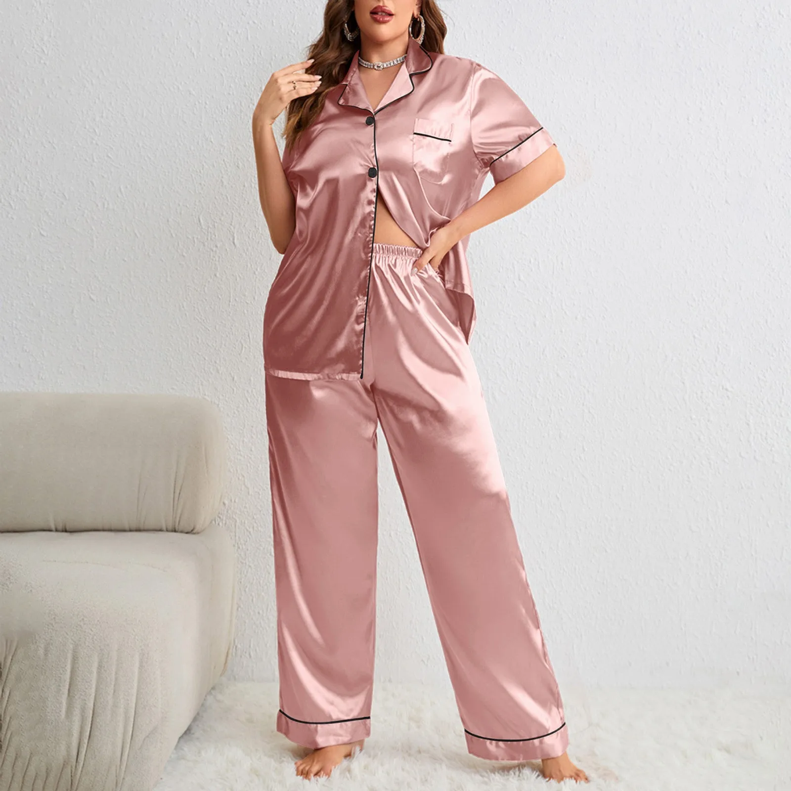 Oversize Size 3Xl 4Xl 5Xl Pajamas Loose Rayon Home Clothes Women's Short Sleeve Loungewear Satin Solid Pyjamas Suit Sleepwear