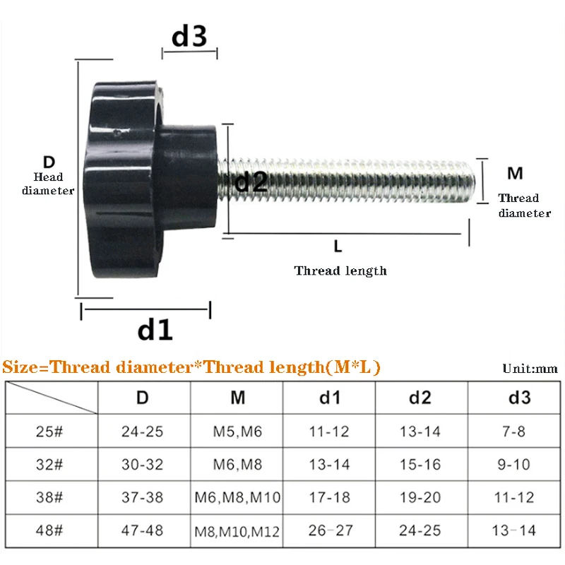 En forma de estrella tornillo de pulgar M4 M5 M6 M8 M10 M12 mango de plástico de mano tornillo de apriete tuerca de ajuste pomo mecánico de acero al