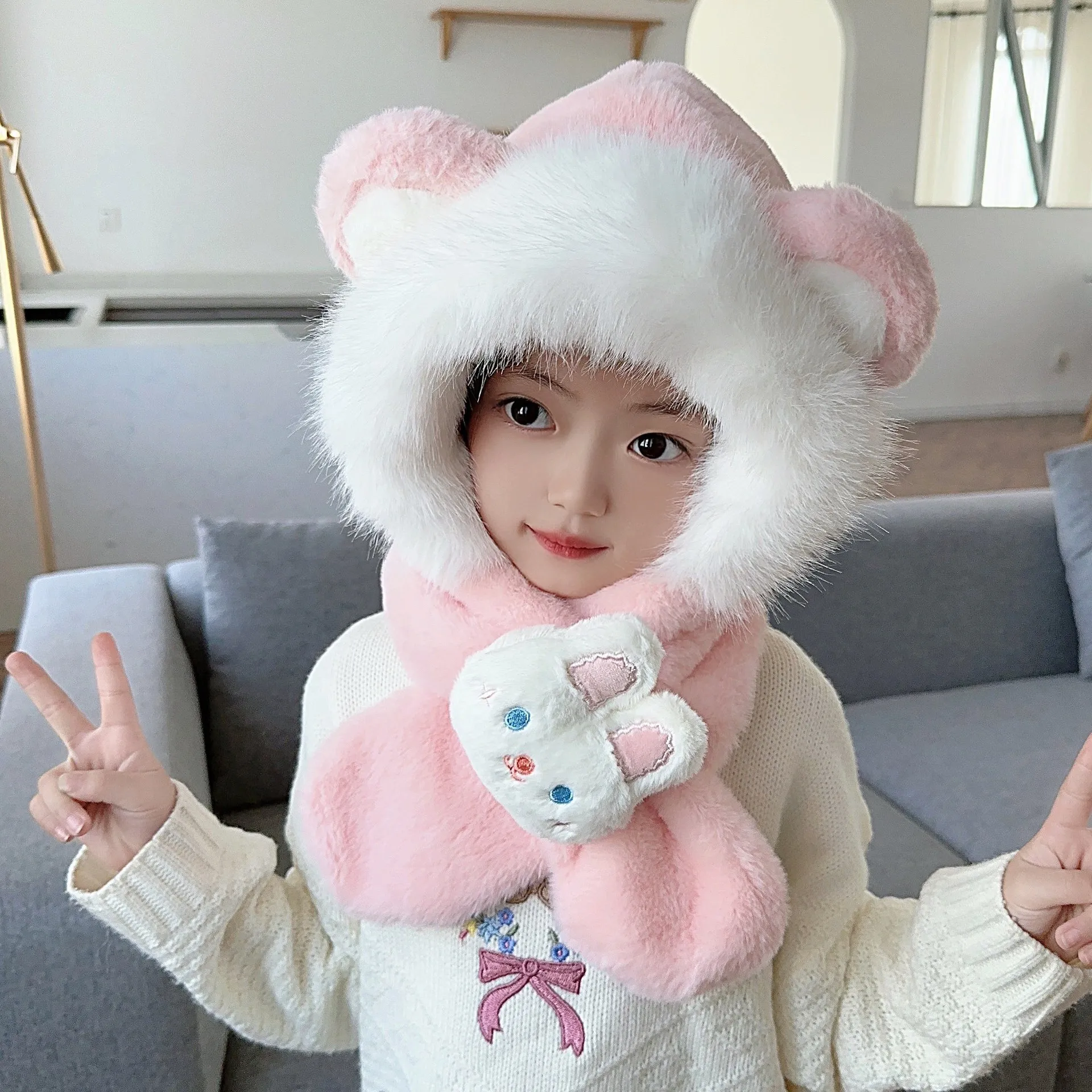 Knit Beanies for Children Kids Winter Hat Scarf Set Plush Ear Flap Knit Accessories Boys Girls Warm Thickened Windproof