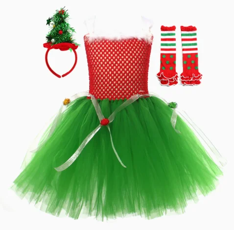 Children Holiday Party Mesh Tutu Dress Pom Pom Decoration With Christmas Tree Headband Cape Leg Warmer Set for Stage Performance