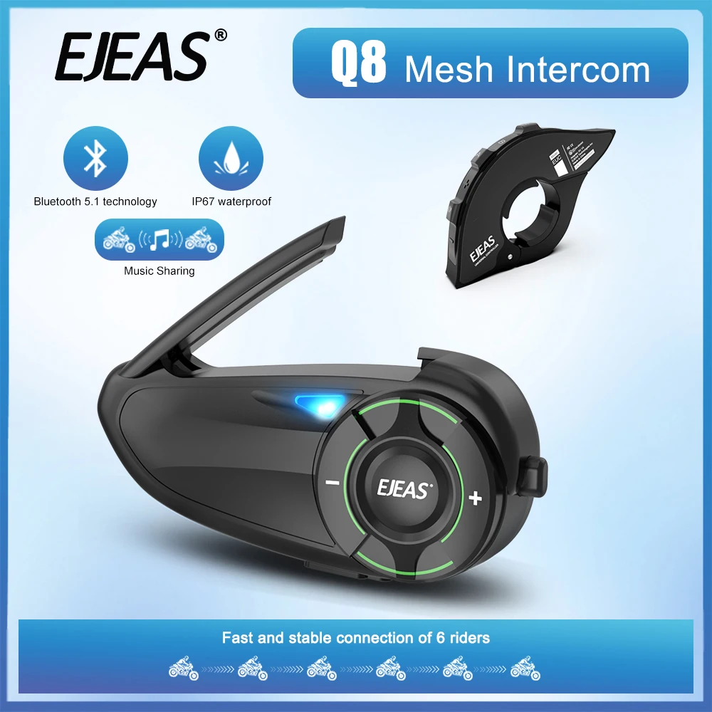 

1/2Pcs EJEAS Q8 Motorcycle Interphone With EUC Remote Helmet Intercom BT5.1 For 6 Riders 1000m Music Sharing FM IP67 Waterproof