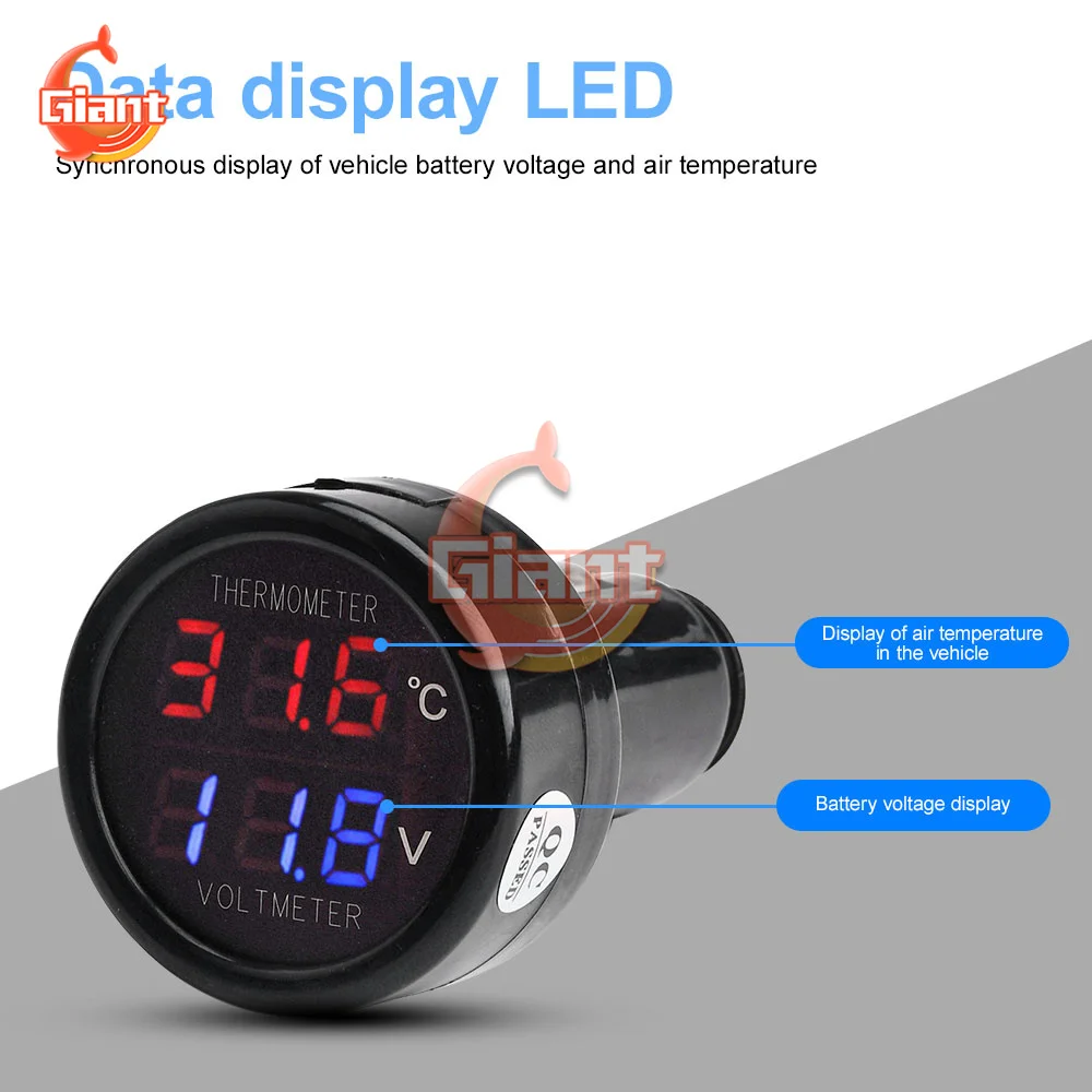 12V 24V 36V Digital Car Voltmeter Thermometer Cigarette Lighter Style 2 In 1 DC 8V-36V Battery Monitor Voltage Temperature Meter