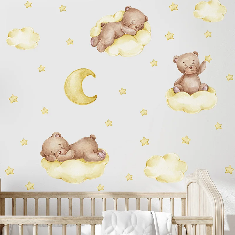 3 Colors Cartoon Bear Clouds Moon Wall Stickers for Kids Baby Room Nursery Decor Wallpaper Boys Girls Bedroom Wall Decals