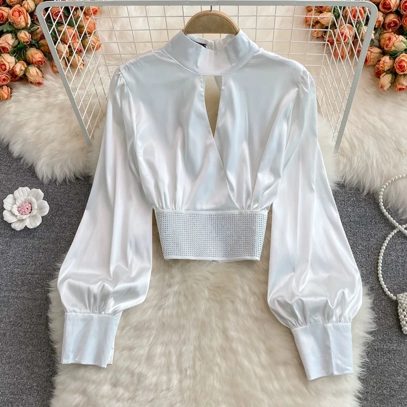 Chest Hollow Cutout Tops Women Korean Trendy Long Puff Sleeve Shirts Stand Neck Shirts Satin Silky Rainstone Luxury Tops Female