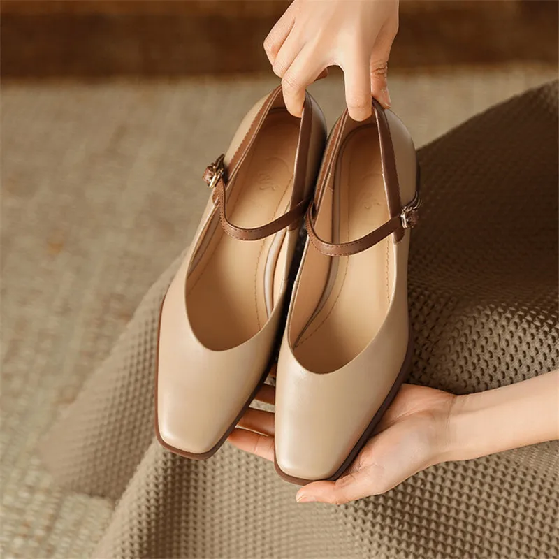 New Genuine Leather Vintage Women Shoes Fashion Square Toe Pumps Chunky Heel Spring Shoes Women Zapatos De Mujer Mary Jane Shoes