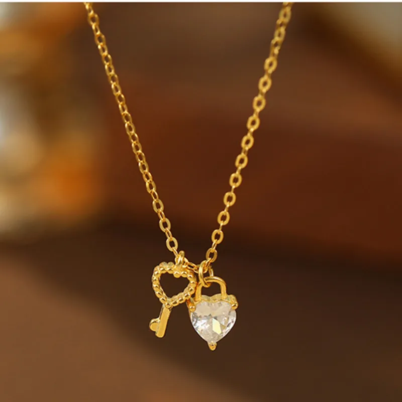 

S925 sterling silver women's necklace gold-plated zircon heart-shaped key popular fashion jewelry party accessories