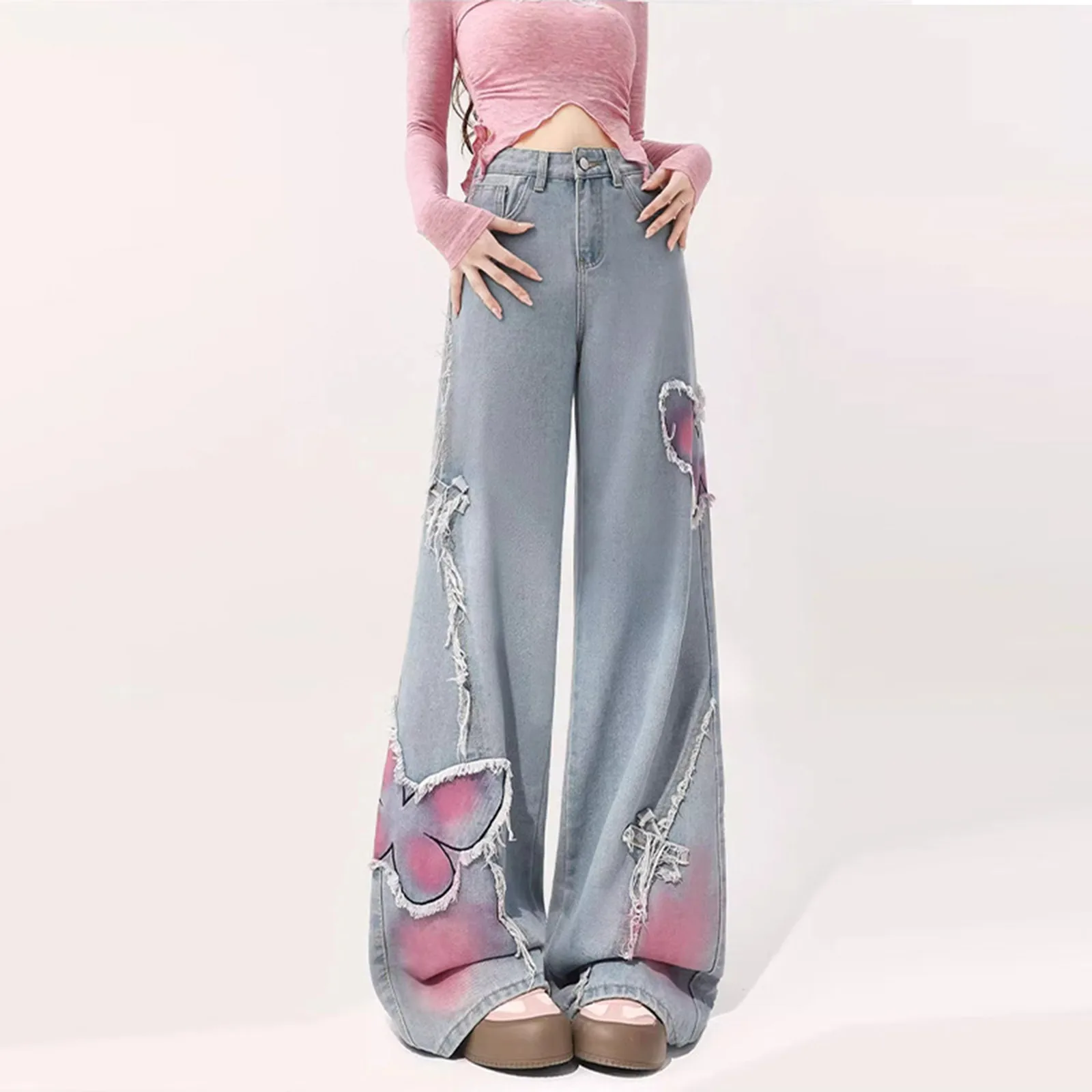 Loose Design Retro High Waisted Wide Leg Jeans Girls' Slimming And Drooping Feeling Tie Dye Staight Mopping Demin Trousers