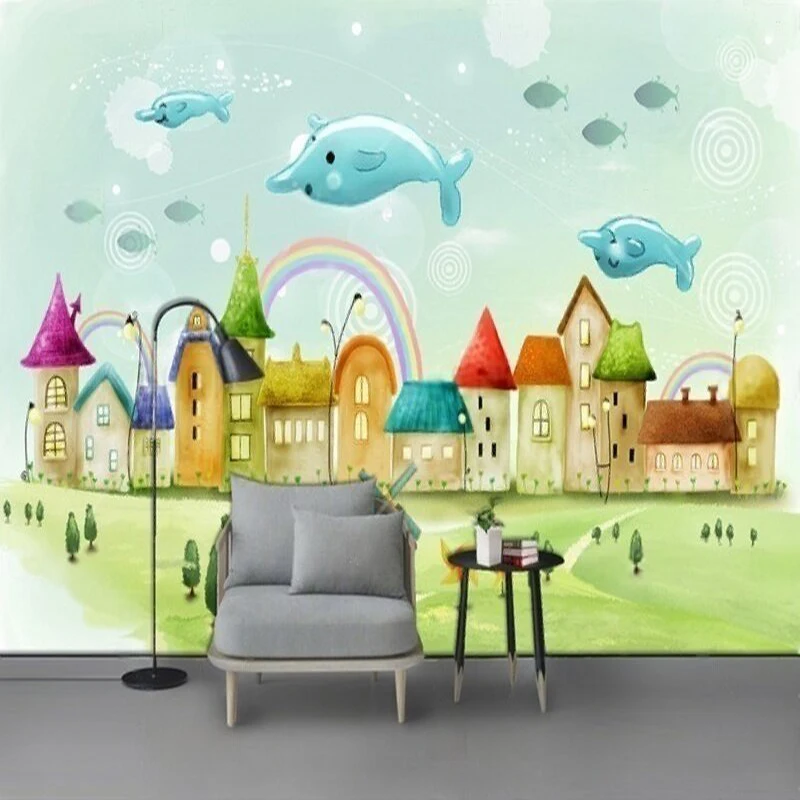 MU9032 Beautiful hand-painted cartoon room children's TV sofa background and wall paintings