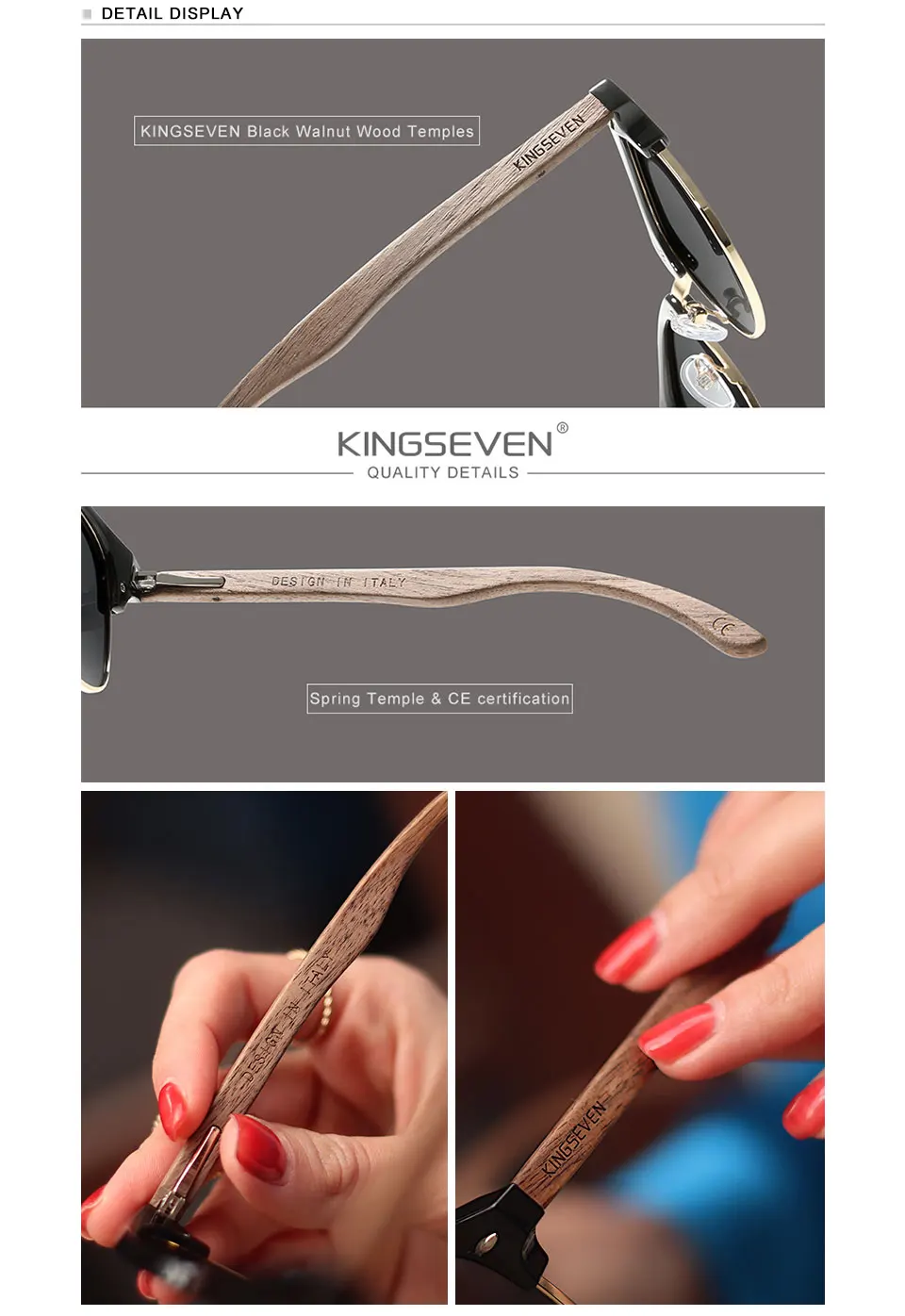 KINGSEVEN Qualität Upgrade Handgemachte Walnuss Holz Sonnenbrille Männer Polarisierte Halbrand UV400 Schutz Retro Brillen Frauen – Detail 2