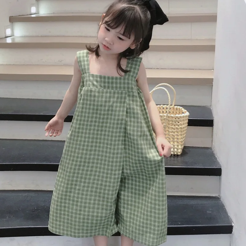 Summer Baby and Girls Cotton Plaid Sleeveless Backless Suspender Bodysuits Kids Strapped Jumpsuit Children Overalls Outfit 2-8Yr