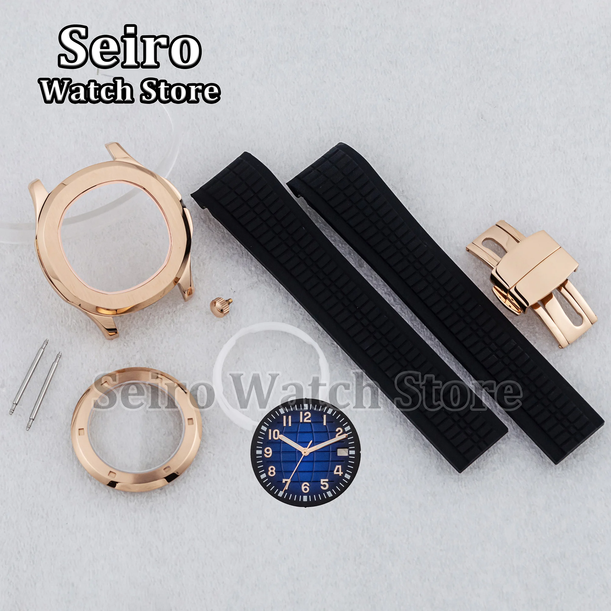 42MM Rose Gold Watch Case Rubber Strap Black Brown Blue Bracelet Luminous Dial Hands for AQUANAUT Nautilus NH35 NH36 Movement