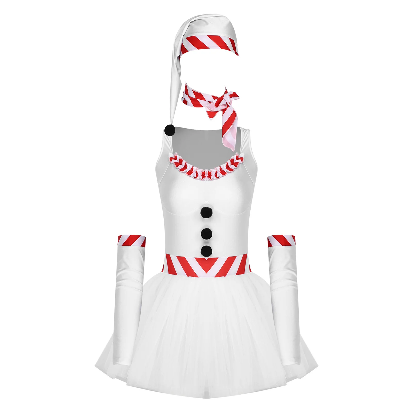 

Women Christmas Snowman Dress-up Costume Tulle Tutu Dress with Detachable Sleeves Striped Scarf Hat Set for Halloween Xmas Party