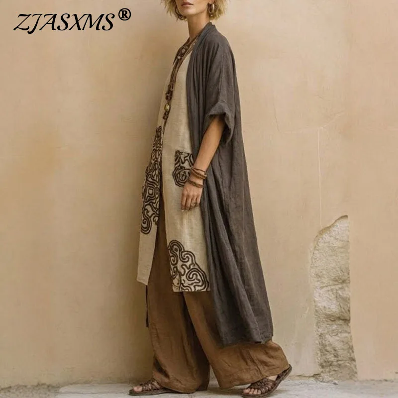 

Летний комплект из 3 предметов: свободный халат с коротким рукавом, сексуальный топ с V-образным вырезом и разрезом + широкие брюки + длинный кардиган, шикарный наряд с весенним принтом