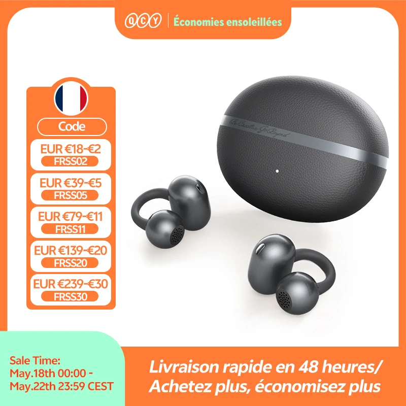 QCY Crossky C50 Écouteurs sans fil Bluetooth 6.0 à oreille ouverte, confortables, à clipser, 4 micros, appels clairs, amplification des basses, 35 heures d'autonomie pour le sport et la course à pied