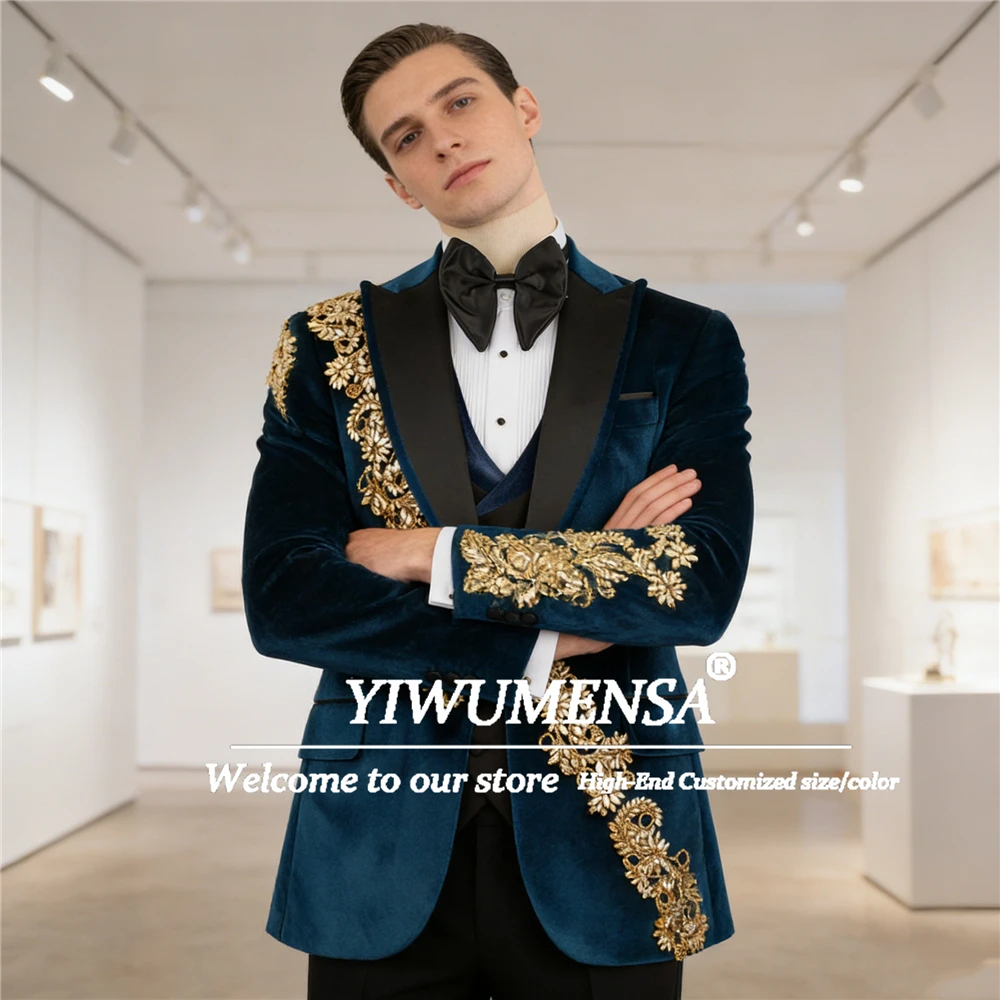 

Роскошный церемониальный мужской костюм, наряд с камнями из бисера, блейзер для выпускного вечера, индивидуальный 3-х предметный свадебный смокинг для жениха, Trajes Para Hombre