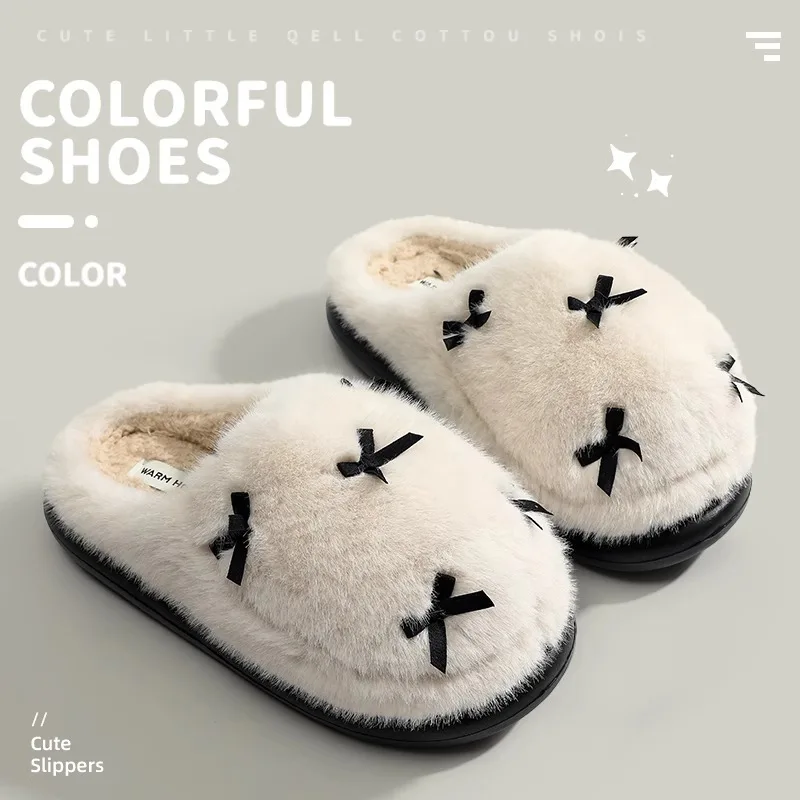 

Women Indoor Fluffy Slippers Warm Faux Fur Bow knot Female Winter Cotton Shoes Soft Plush Girls Home House Floor Slipper