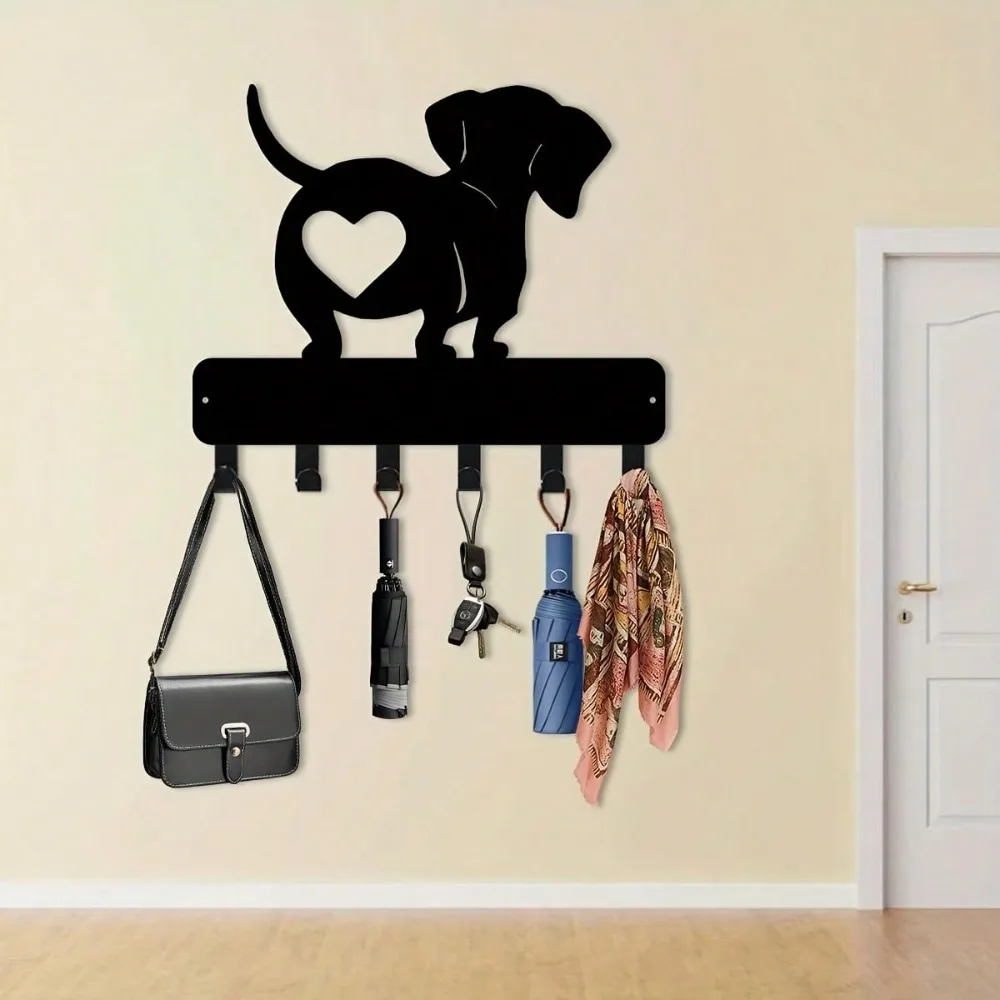 Dachshund Metal Key Hanger - Wall Hook for Keys, Hats & Decor, Heart Design, Black, Easy Install, 11.81 Inch, Home Office Organi