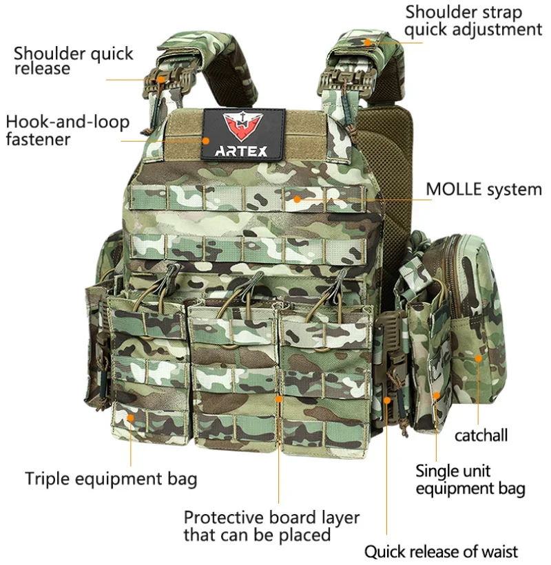 ARTEX Tactical Vest with Triple Magazine Pouch, 1000D Nylon Fabric, Quick Release, 6094K, Hunting, Airsoft Combat Accessories