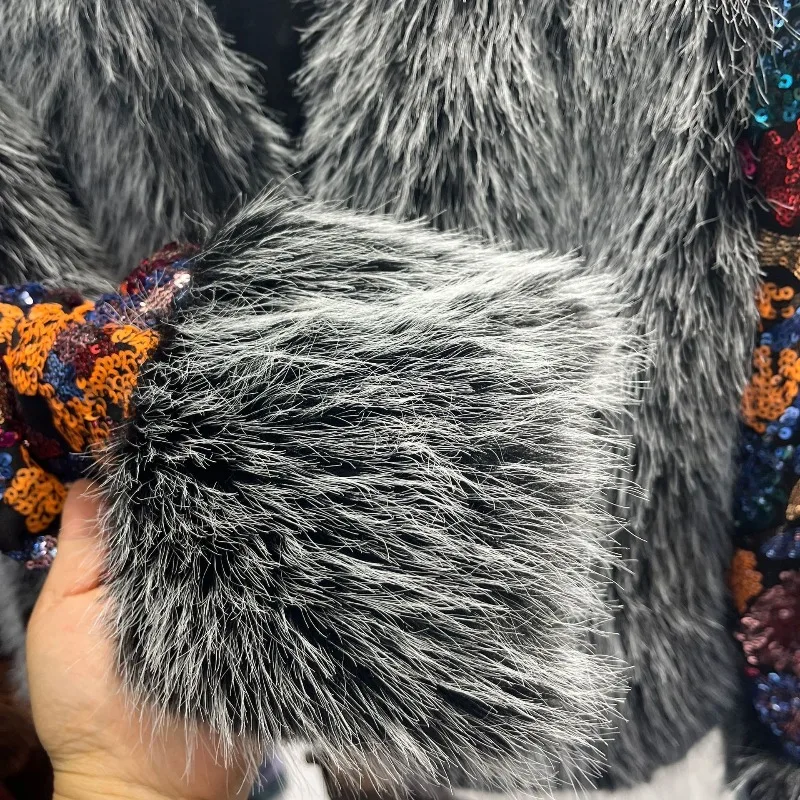 Comfortable Elegant Soft Warm Faux Fur Jacket 2025 Winter Jacket Heavy Industry Colorful Sequin Y2k Furry Coat Outerwear Ladies