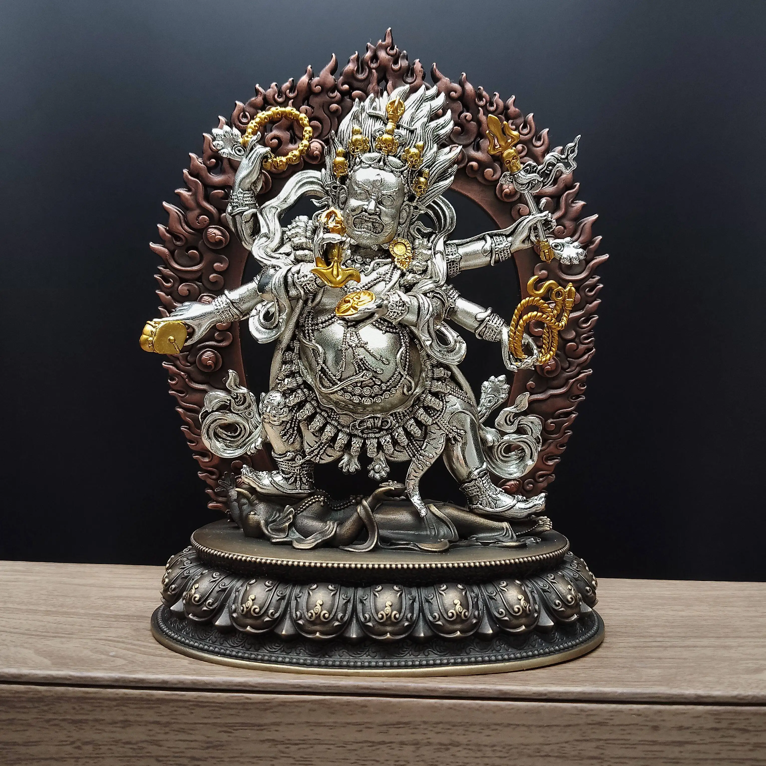 Tibetan Fine Antique Copper Six-Armed Mahakala Statue 15cm Home Altar Powerful Protector Blessing