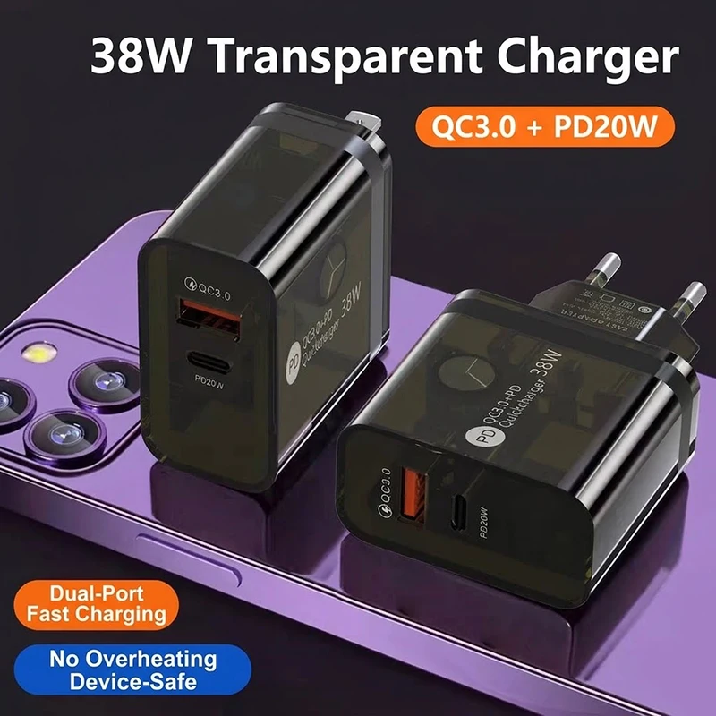 Transparent 38W Dual Port Power Adapter EU Plug QC3.0 PD20W Rapid Fast Charger Translucent Charging Head Multiple Protections