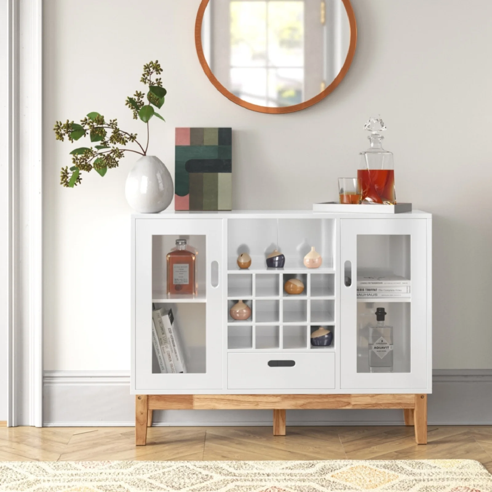 

Z DU'S Modern Solid Wood Cabinet With Transparent Doors, Featuring Multiple Storage Compartments And Sturdy Construction.Z