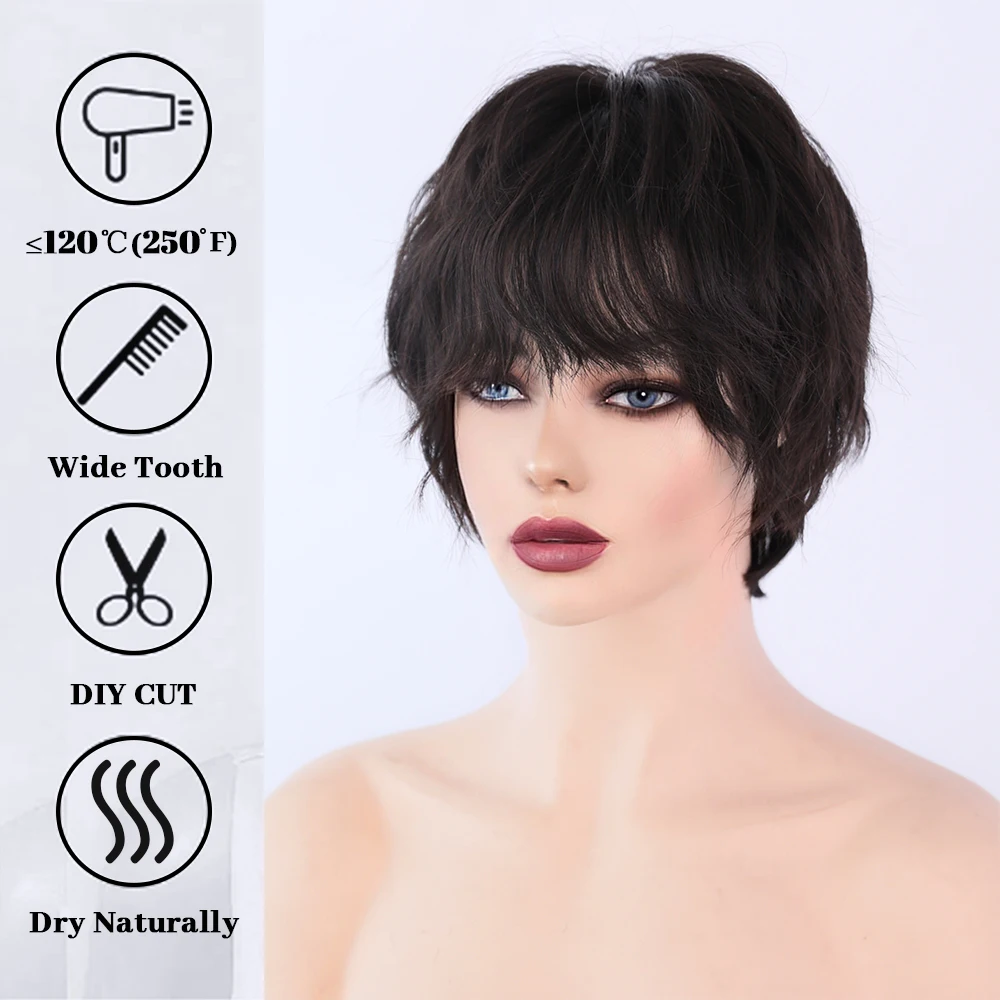 Neuter Style Black Short Hair Women Wig with Bangs Cool Girls Heat Resistant Synthetic Wig Fringe Party Daily Use Fake Hair