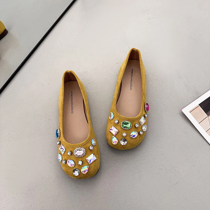 

French-style Shallow Round-toe Flats for Women 2026 Spring and Autumn New Versatile Flat Shoes with Rhinestone Gems,granny Shoes