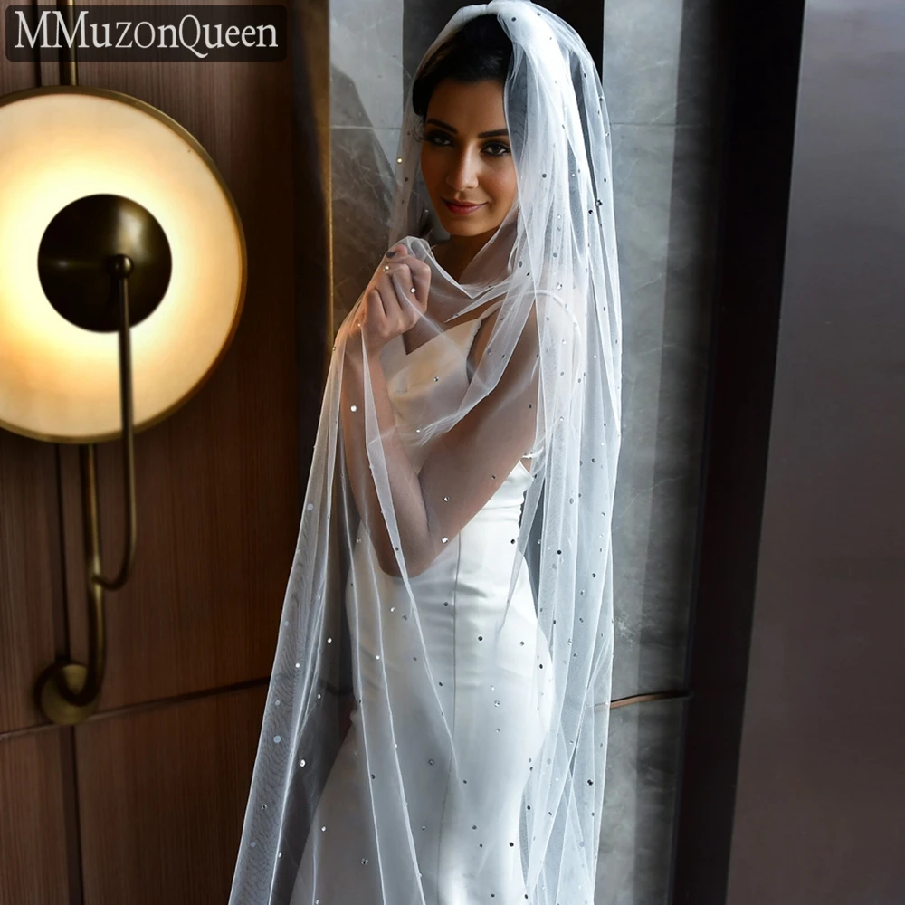 MMQ M58A High-Quality Colored Diamond One Layer Cathedral Veil Handmade White Beige With Hair Comb Bride Wedding Veil