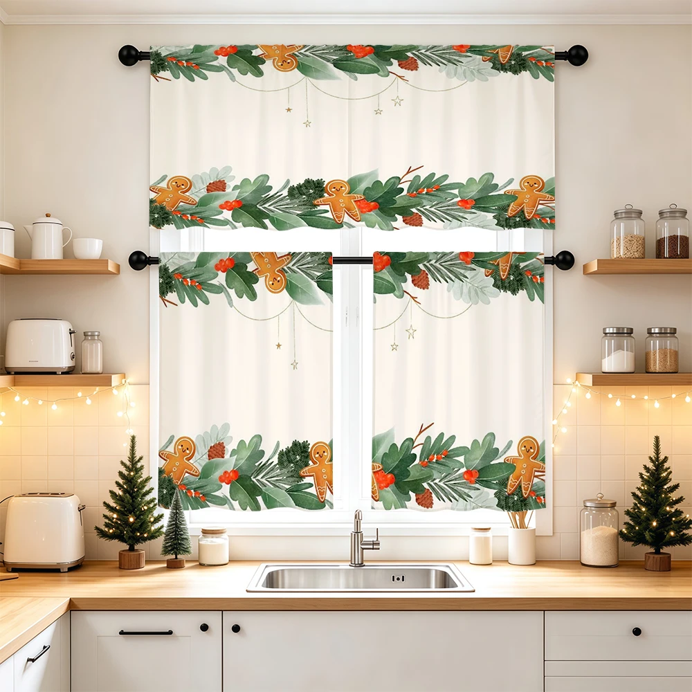 Christmas Kitchen Curtains, Watercolor Foliage Gingerbread, Digital Print, Kitchen Dining Room, Rod Pocket Polyester, Home Decor