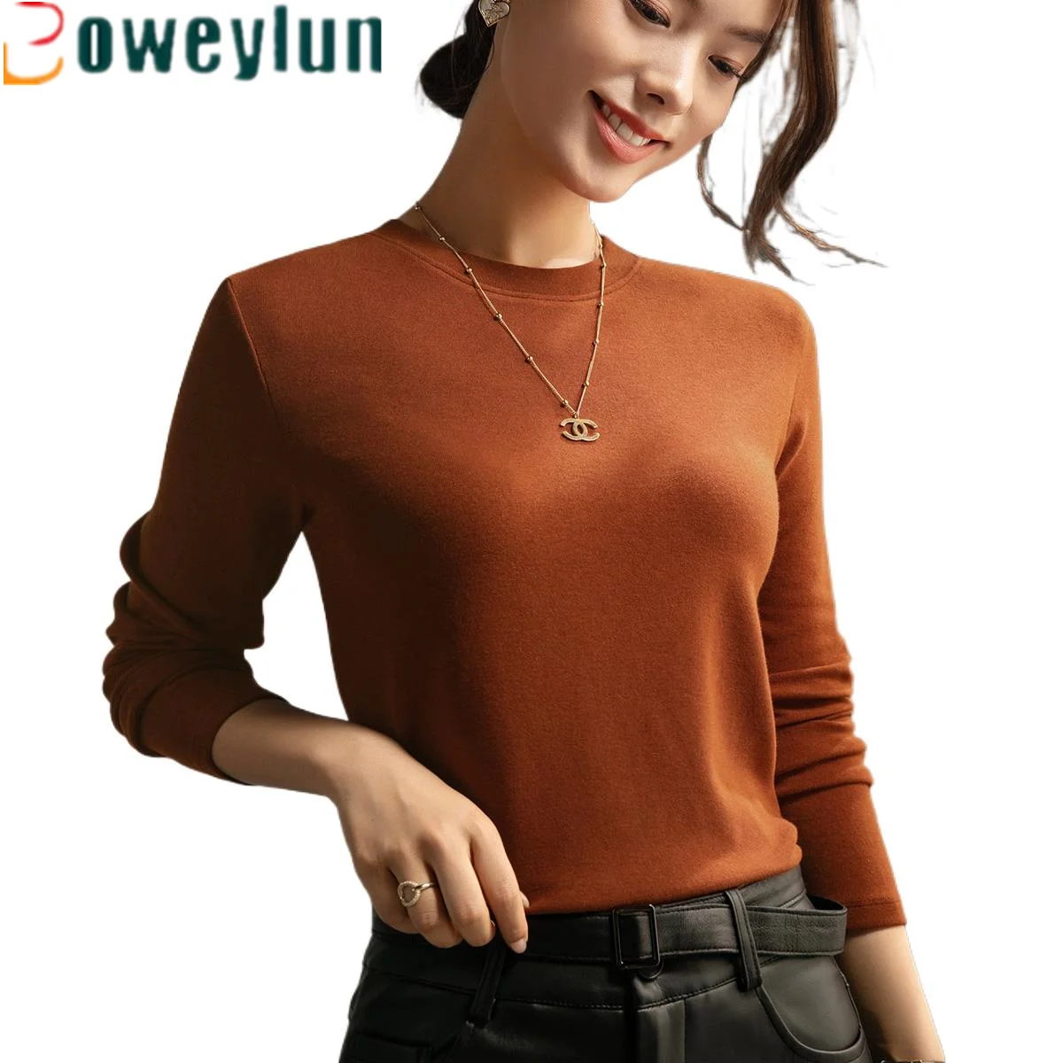 

Boweylun Spring and Autumn New Solid Color Round Neck Bottoming Shirt Female Modal Cotton Long-sleeved T-shirt Tops Women