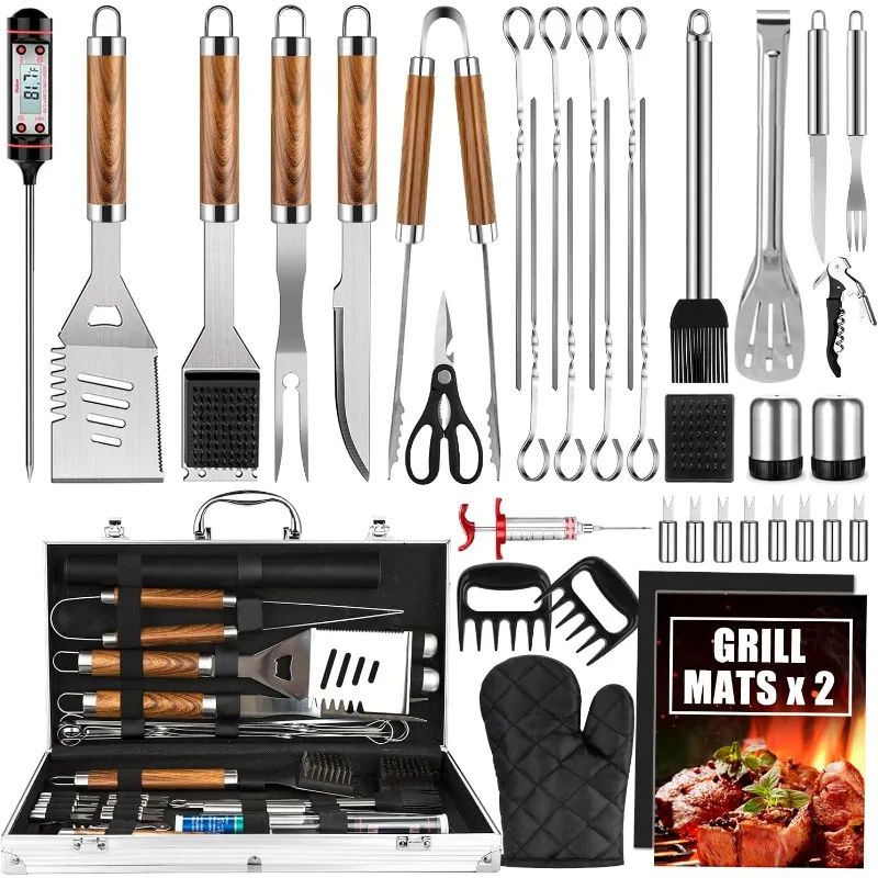 BBQ Grill Accessories Set, 38Pcs Stainless Steel Grill Tools Grilling Accessories with Aluminum Case, Thermometer, Grill Mats fo