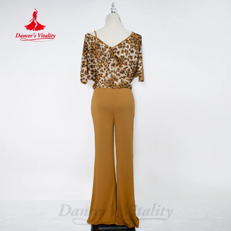 BellyDance Practice Suit for Women's Leopard Print Top+Sexy Tight Pants 2pcs Adult Oriental Dance Professional Training Clothes