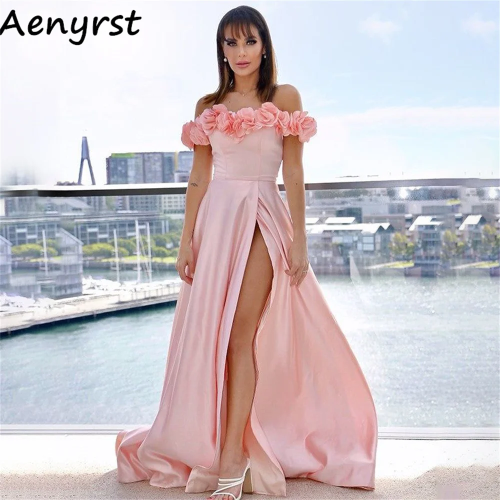 

Aenryst Elegant Pink Off Shoulder A Line Prom Dresses Satin Side High Split Evening Dress Floor Length Party Gowns customized