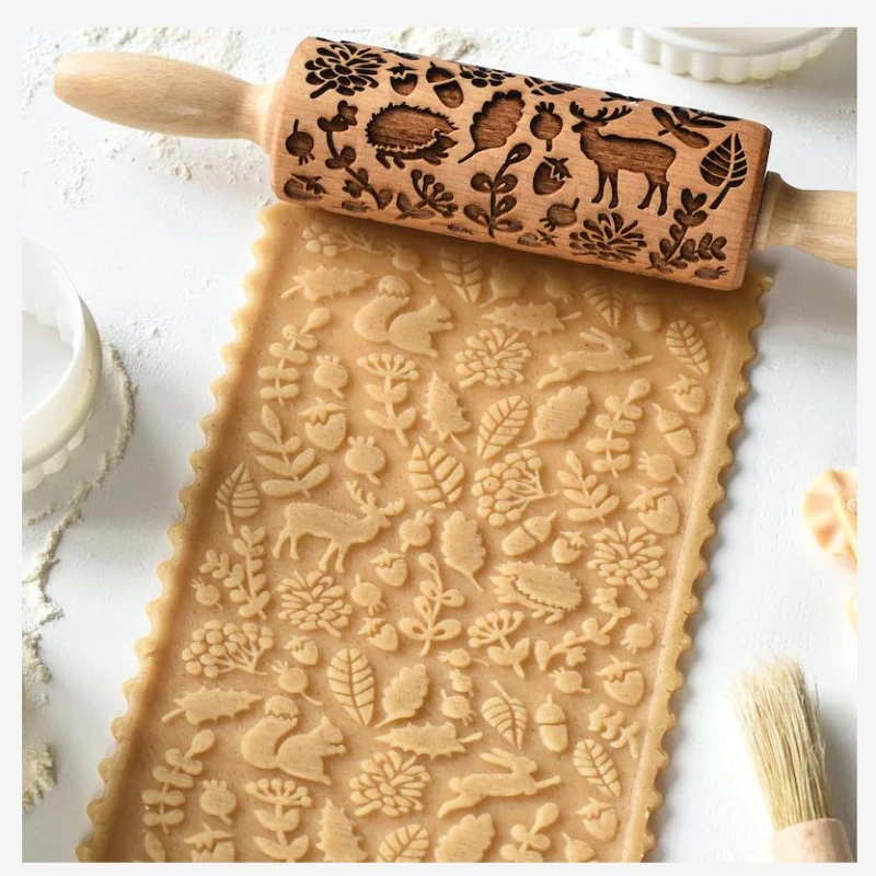 Cartoon Animal Pinecone Needle Deep Carved Wood Printed Embossing Rolling Pin Biscuit Ceramic Texture Tool Clay Pottery Tools