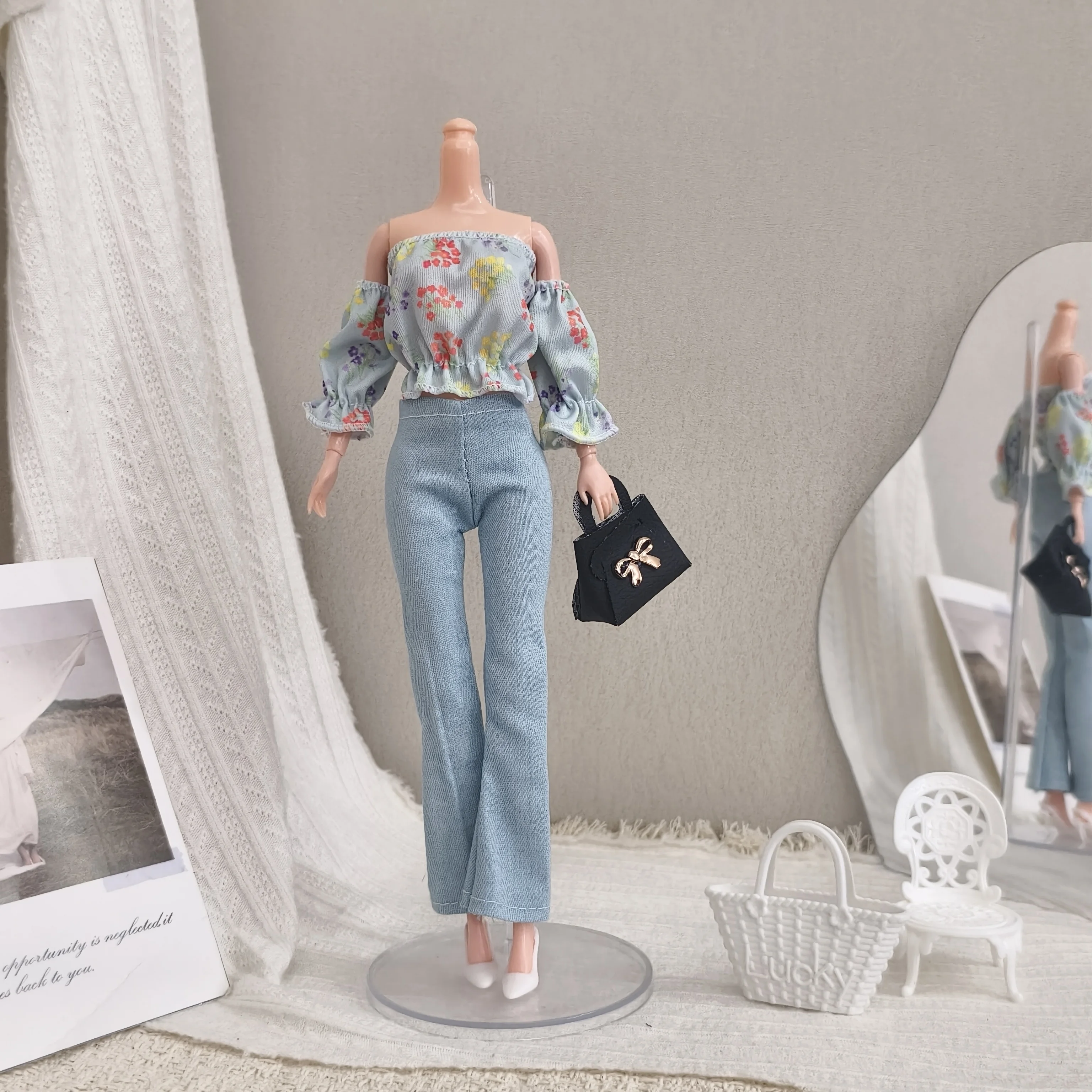1/6 Doll Clothes Accessories Small Fresh Floral Off-the-shoulder Top + Trousers For FR 30cm Babi Supermodel Doll Dress Up