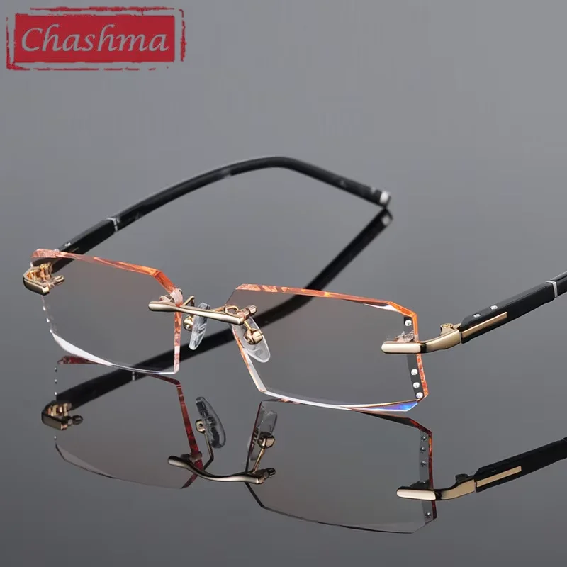 Chashma Luxury Tint Lenses Myopia and Reading Glasses Diamond Cutting Colored Sunglasses Rimless Prescription Glasses for Man
