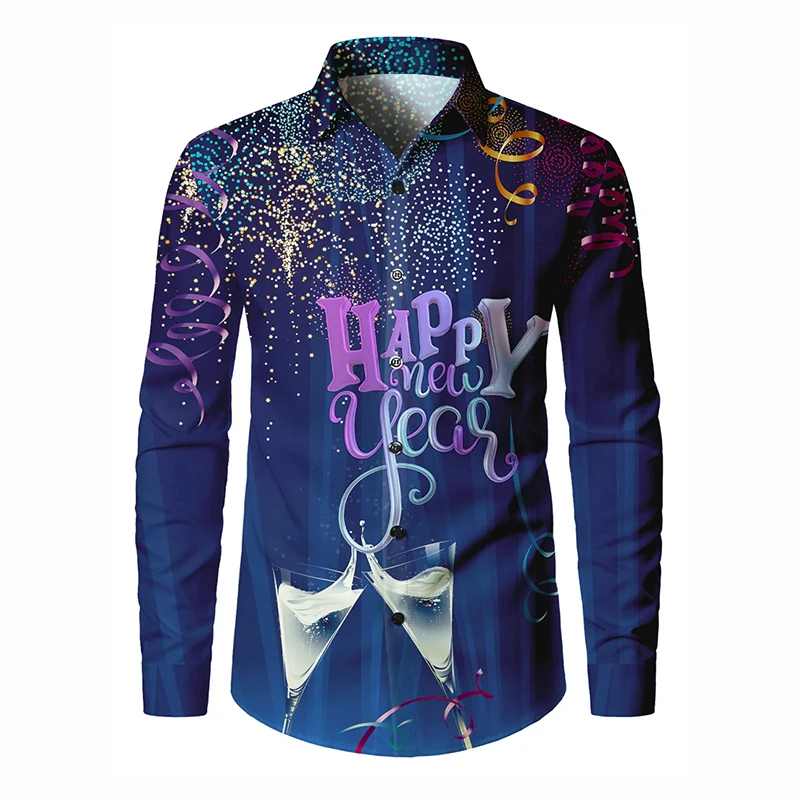 Happy New Year Long Sleeve Shirt For Men Cool Print Family Party Clothes Fashion Casual Button Shirts Christmas Trend Tee Top