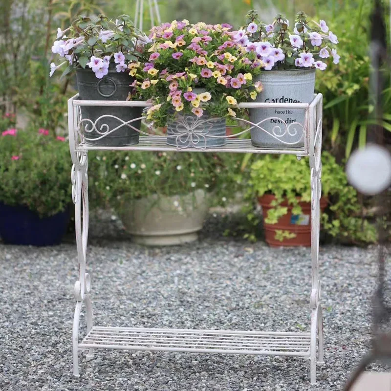 Outdoor Iron Plant Stand Double-Layer Floor Shelf Decoration Stable Load-Bearing Flower Holders Garden Balcony Decorative image 3