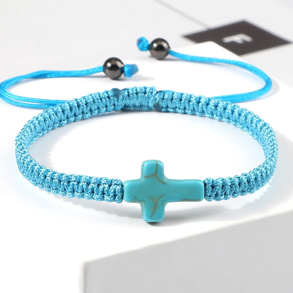 Cross Turquoise Stone Men Bracelets Adjustable Yellow Rope Chain Braided Beads Bracelets For Women Jesus Healing Bangles Jewelry