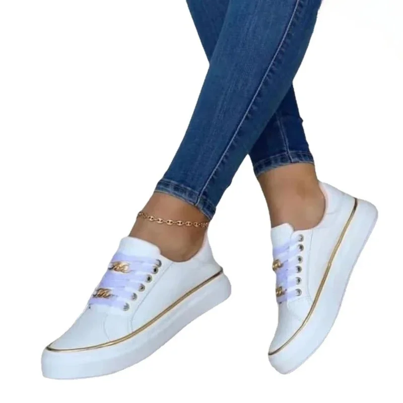 Sapatos vulcanizados com cadarço redondo para mulheres, sapatilhas de couro elegantes e planas, sapato casual confortável, tênis leve