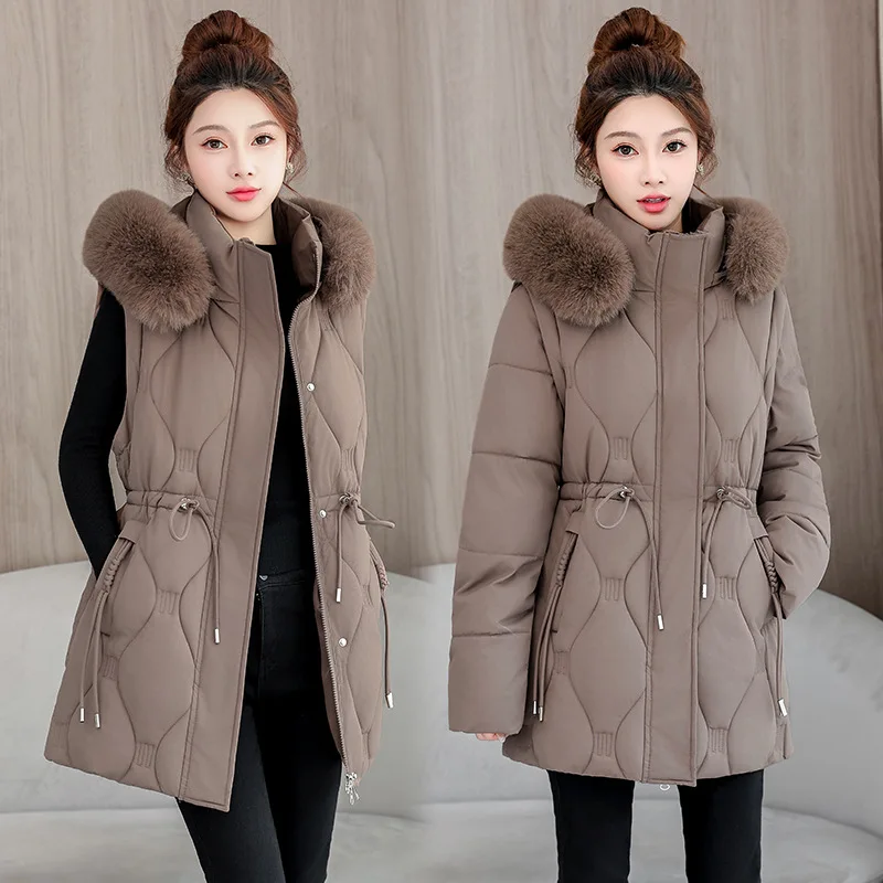 Removable Sleeve Cotton Clothes Women Mid Long Winter Jacket 2025New Fashion Waist Thicke Warm Cotton-padded Jacket Female Parka