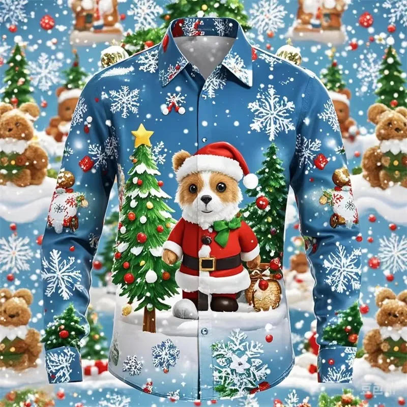 Full Print Merry Christmas Long Sleeve Shirts For Men Santa Claus Pattern Casual Oversized Button Up Shirts Blouse For Men