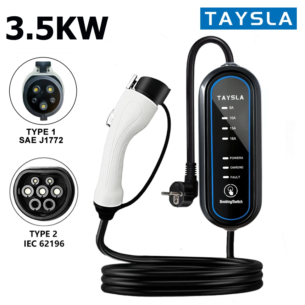 TAYSLA Electric Vehicle Charger Portable 8A-10A-13A-16A Adjustable Current EV Charger J1772 Type 1 and Type 2 EVSE with EU Plug