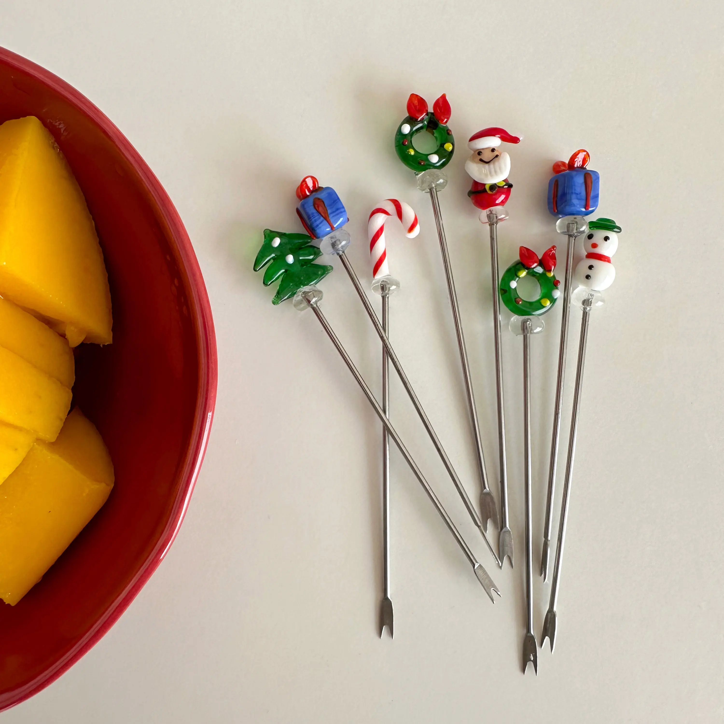 Cute Christmas Glass Tree & Santa Decorative Fruit Picks Stainless Steel Fruit Fork  Cheese Forks & Dessert  Mini Forks