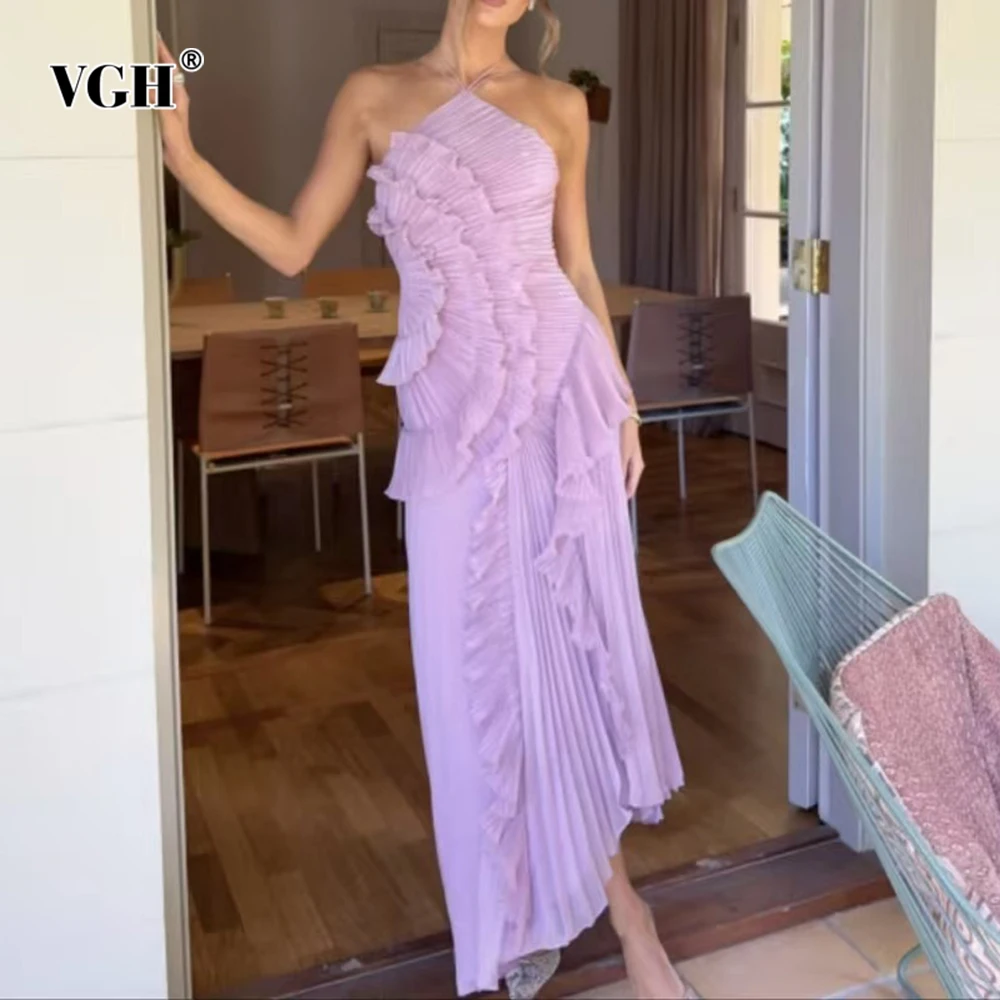 

VGH Elegant Slimming Folds Long Dresses For Women Camisole Sleeveless Backless High Waist Temperament Dress Female Fashion New