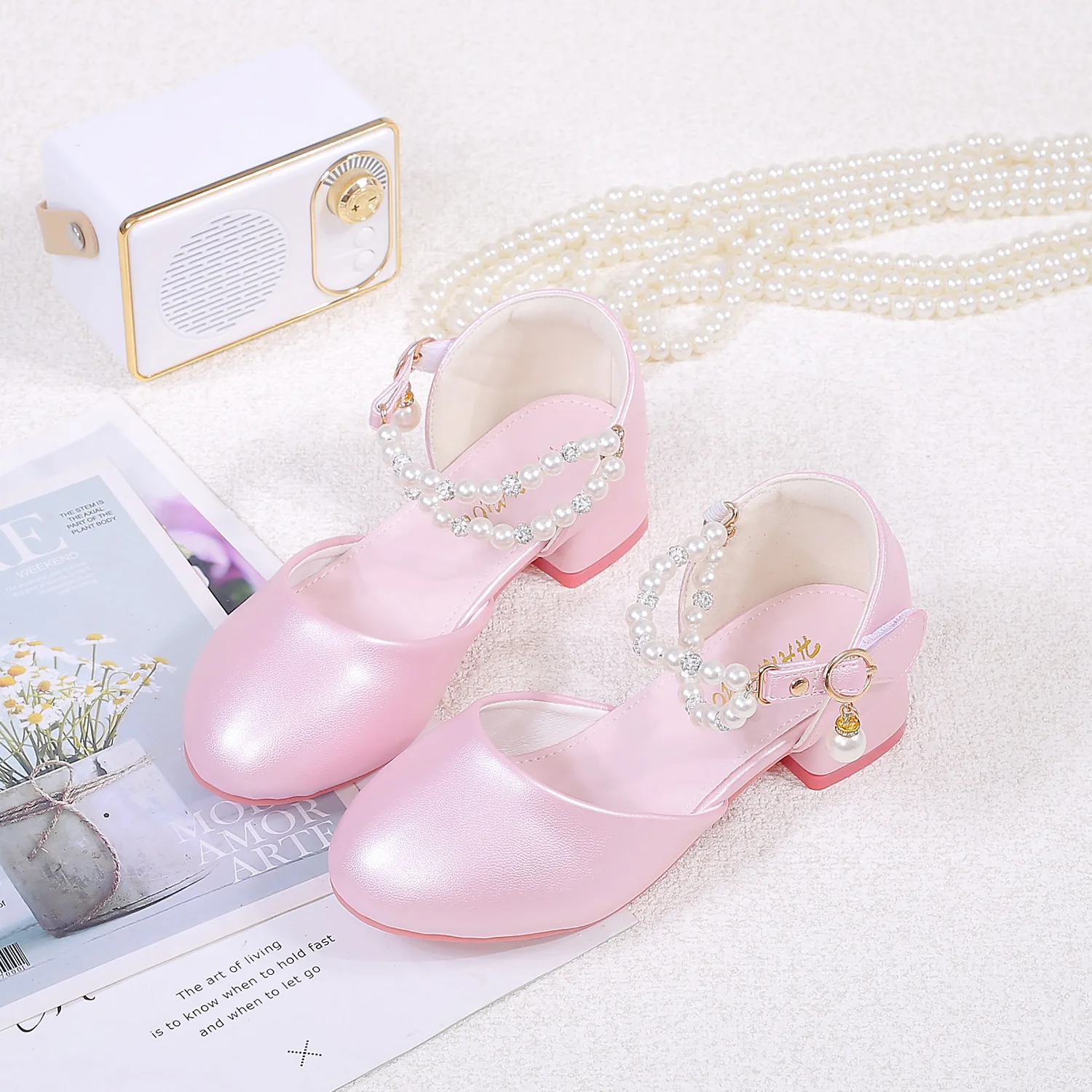 Children's High Heels 2025 Spring New Girls Princess Mary Jane Shoes 26-38 Kids Sandals Beaded Buckle Student Dance Party Shoes