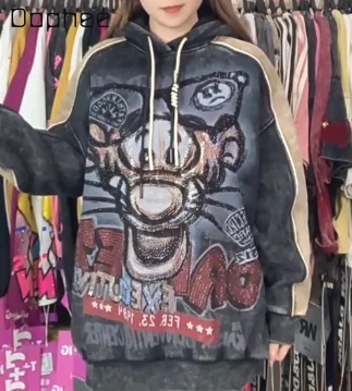 

Осенне-зимняя флисовая толстовка оверсайз с капюшоном, утепленная, с цветными блоками и мультяшным тигром, свободного кроя, модная