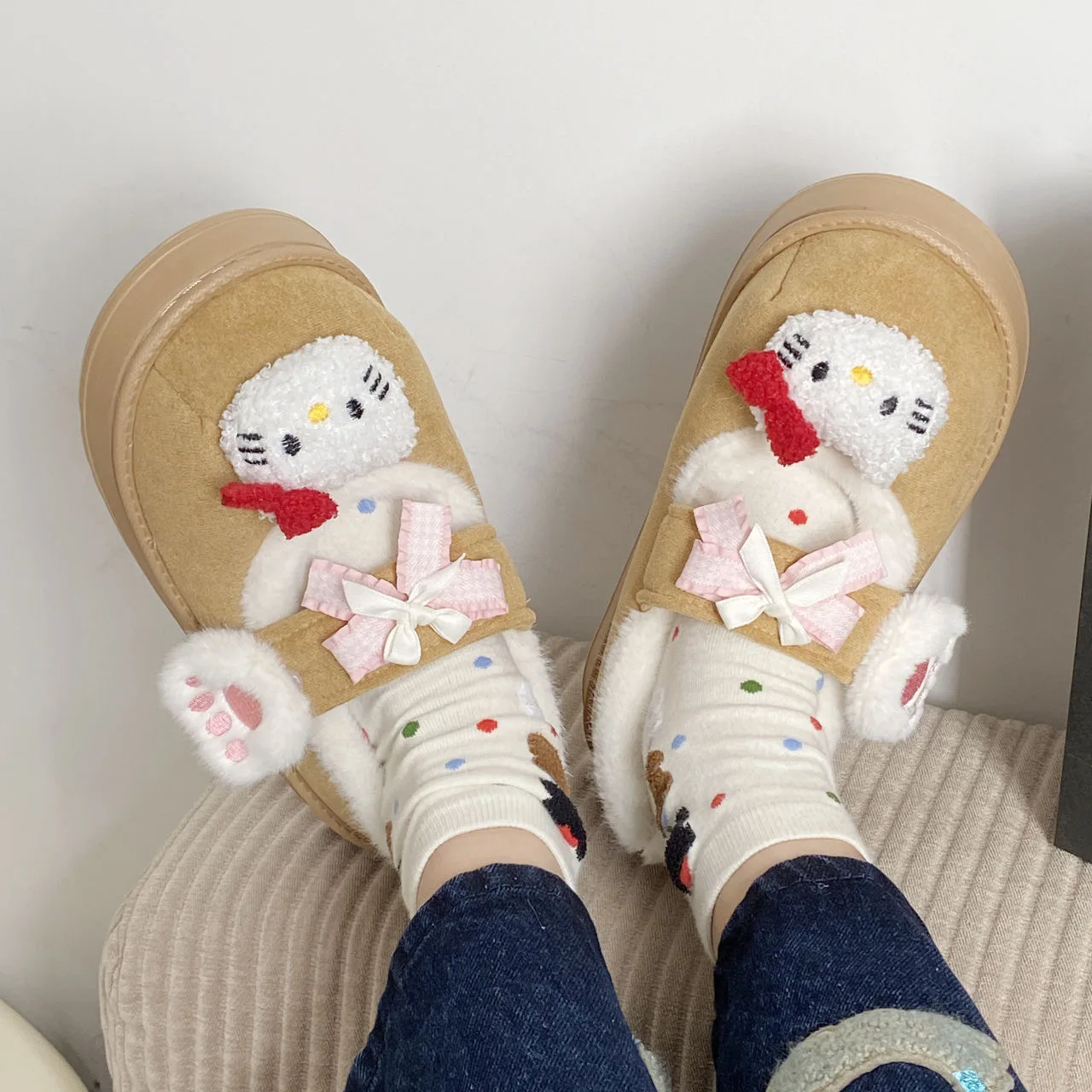 Cartoon Hello Kitty Bow Baotou Slippers Girl Winter Stepping on Shit Feeling Cat Claw Plush Mary Jane Cotton Shoes